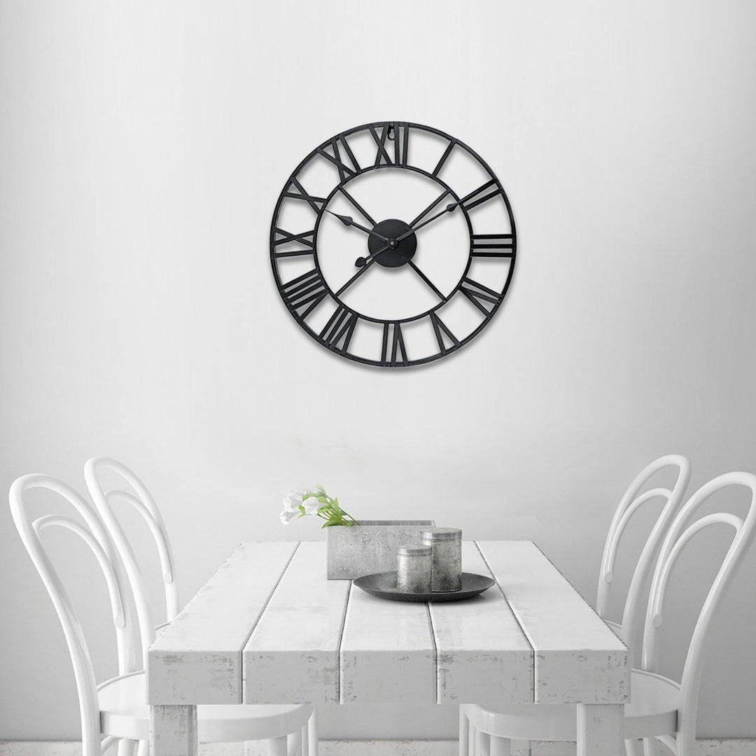 40/60cm Large Metal Skeleton Roman Numeral Wall Clock Black Round Shape