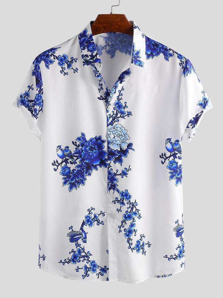 Mens Chinese Style Porcelain Floral Printed Short Sleeve Turn Down Collar Casual Shirts