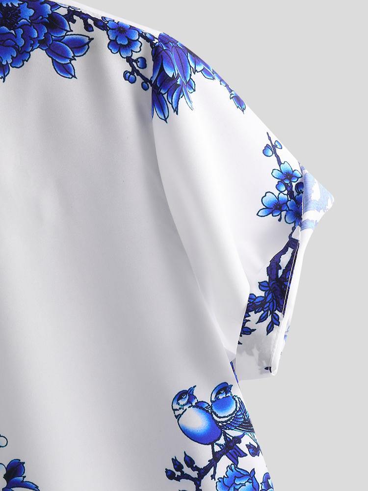 Mens Chinese Style Porcelain Floral Printed Short Sleeve Turn Down Collar Casual Shirts