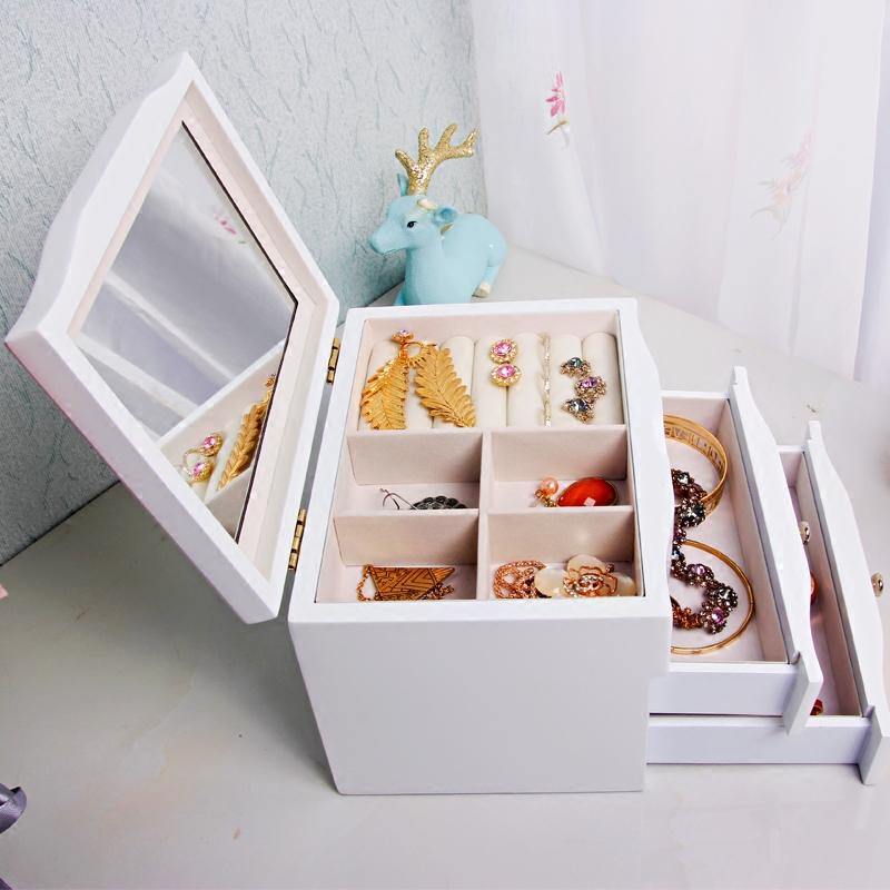 Wooden Jewelry Box with Mirror Three Floors Make-up Box Jewelry Dressing Box