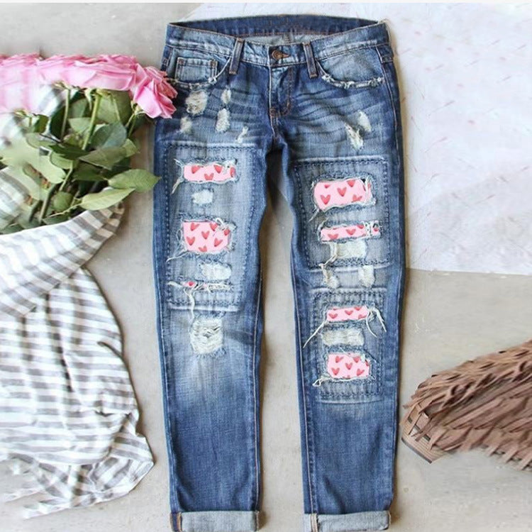 Printed Washed Loose Fitting Wide Leg Jeans