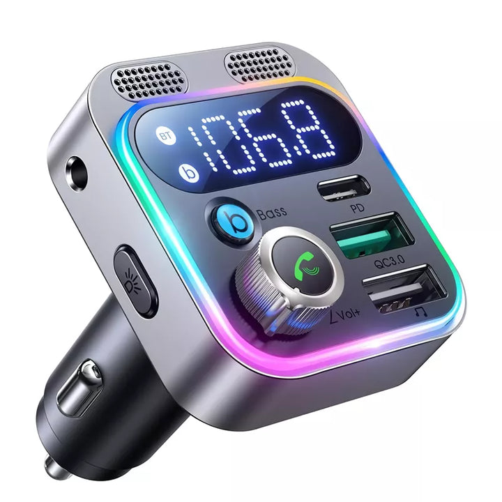 Bluetooth 5.3 FM Transmitter with Dual Mics, Deep Bass & Fast Car Charger