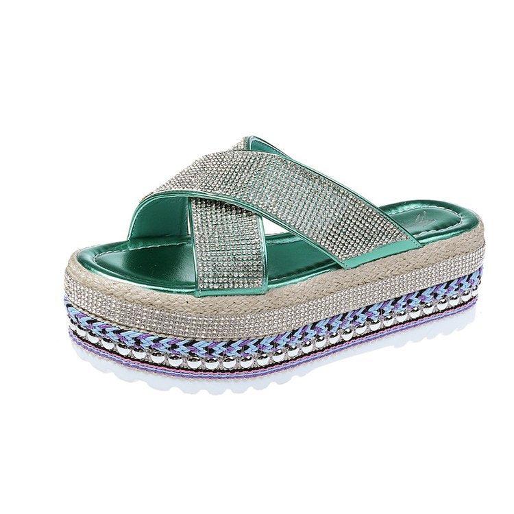 Cross Rhinestone Woven Waterproof Platform Toe Women's Slippers