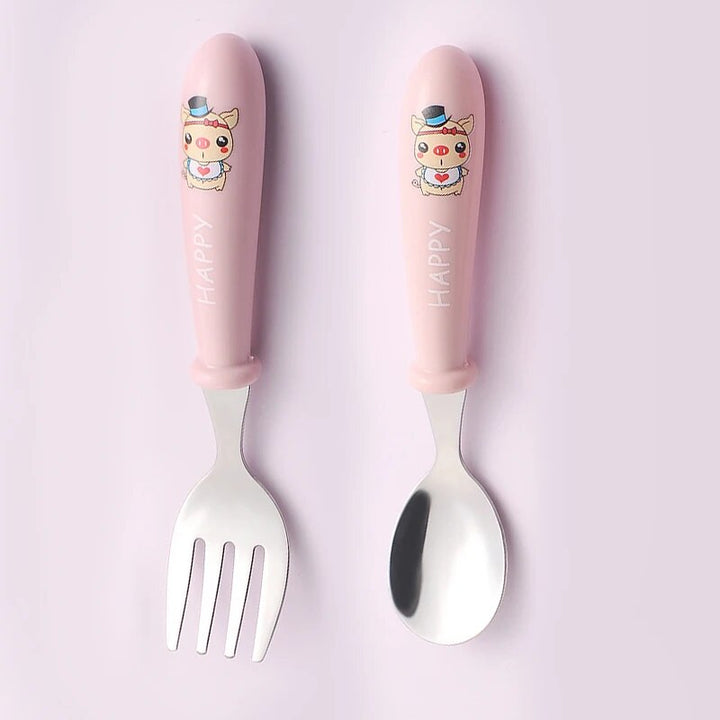 Stainless Steel Toddler Cutlery Set - Cartoon Infant Feeding Spoon & Fork with Travel Case