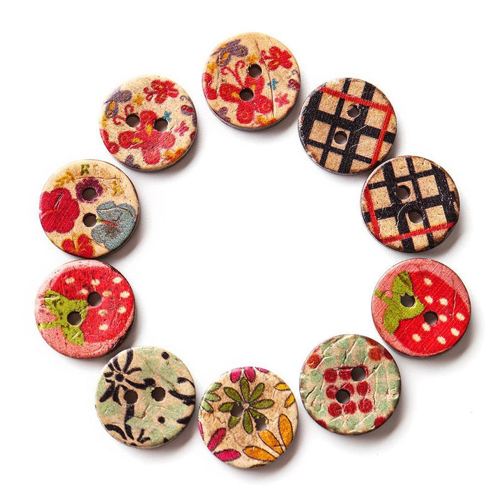 100 PCS Round Pattern Wooden Button Mixed 2 Hole Natural Sewing Children Handmade Clothes Buttons  (1)