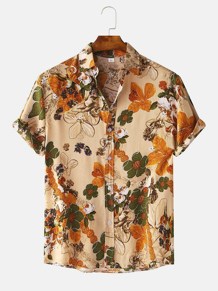 Mens Cotton Floral Oil Printing Turn Down Collar Short Sleeve Shirts