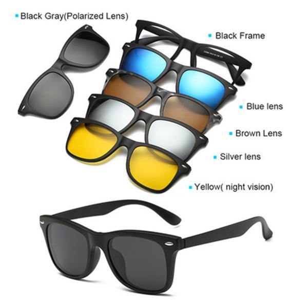 5 in 1 TR-90 Polarized Magnetic Glasses Clip On Magnetic Lens Sunglasses UV-proof Night Vision with Leather Bag - MRSLM