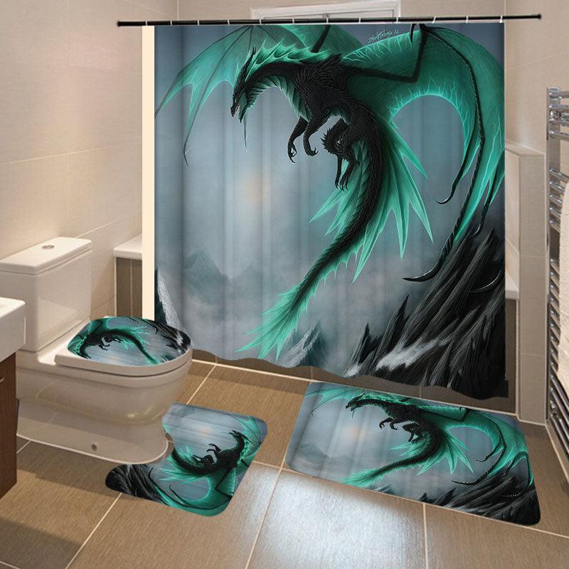 4PCS Flying Dragon Waterproof Bathroom Shower Curtain Toilet Cover Bath Mat Non-Slip Rug Set with 12 Hooks