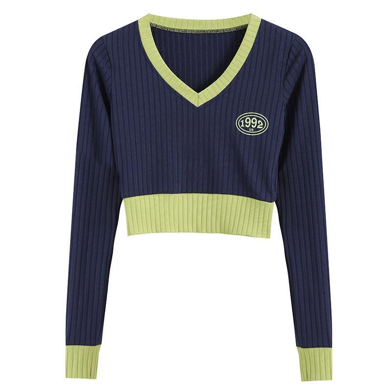 Knit Sweater V-neck 2021 New Slim-fit Contrast Short Cropped Long-sleeved Bottoming Shirt (Dark Blue One size)