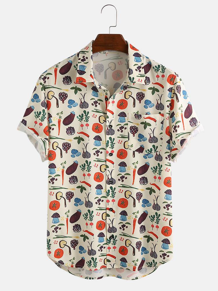 Mens Fashion Casual Vegetables Cartoon Print Turn Down Collar Short Sleeve Shirts