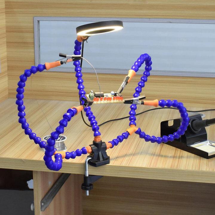 NEWACALOX Desk Clip PCB Soldering Holder 3X Magnifier 3 Colors Illuminated Lamp Welding Helping Hand Flexible Arm Soldering Third Hand Tool