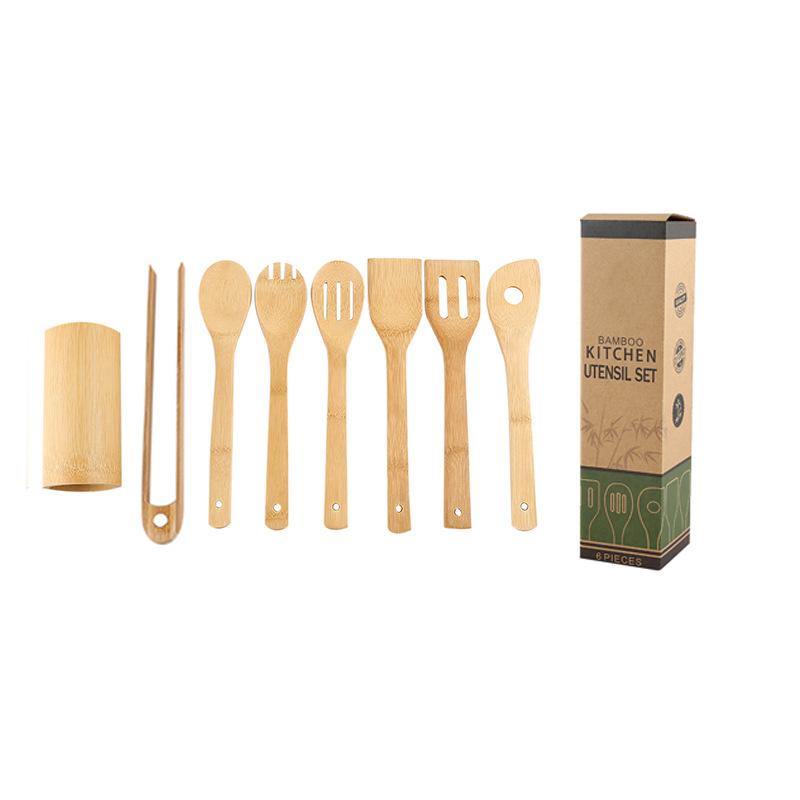 Bamboo Spatula Set with Square Holder Eco-Friendly with Ergonomic Handle Kitchen Utensil - MRSLM