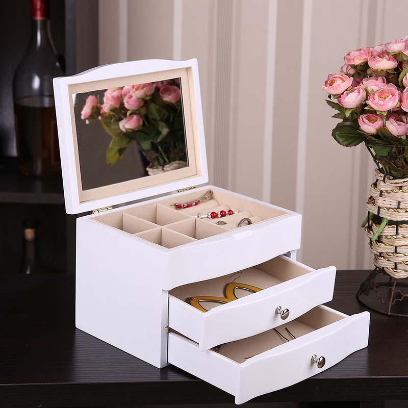 Wooden Jewelry Box with Mirror Three Floors Make-up Box Jewelry Dressing Box