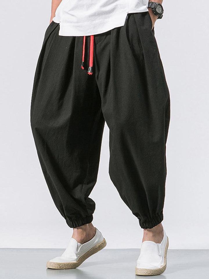 Men Cotton Loose Comfy Baggy Vintage Drawstring Jogger Casual Harem Pants - MRSLM