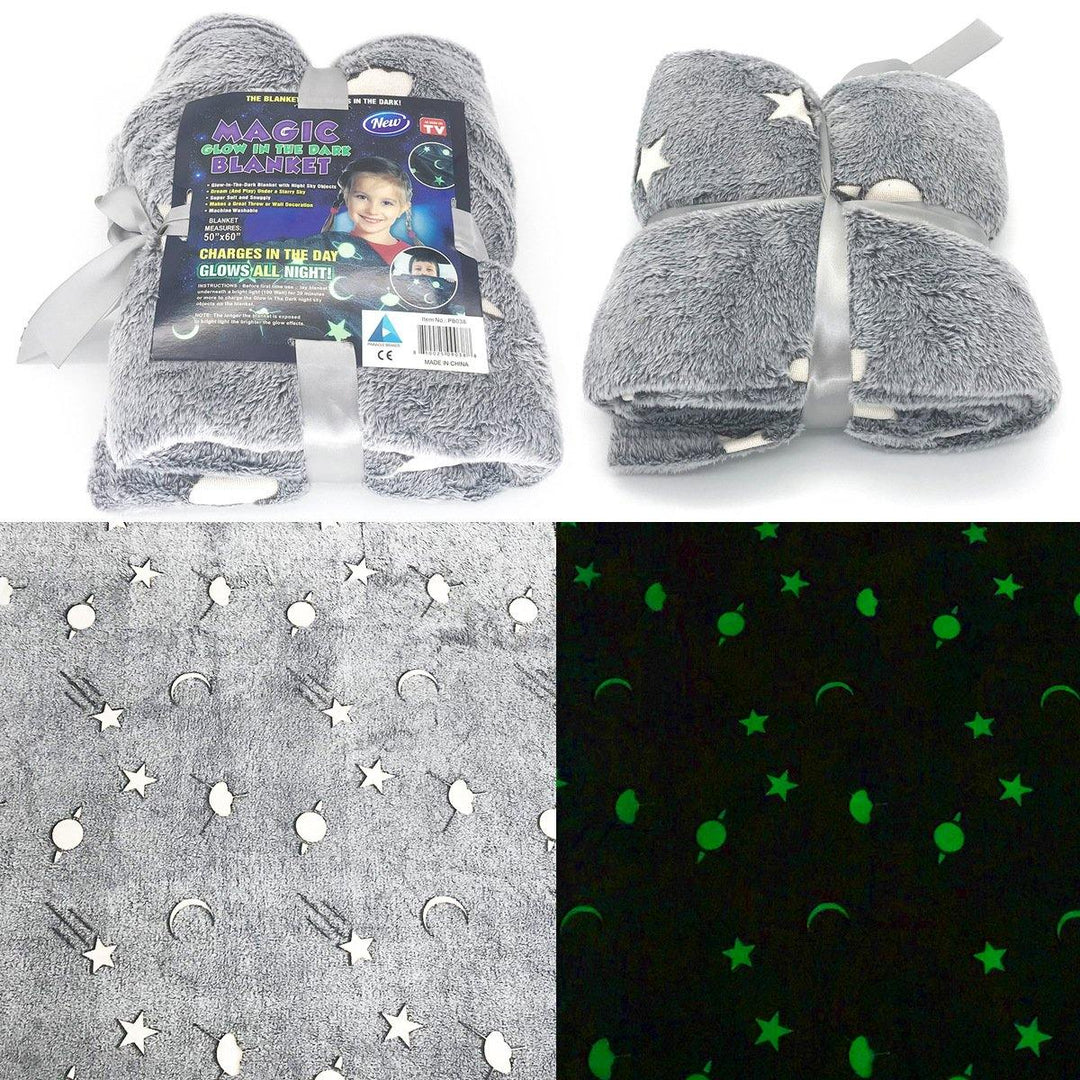 Glow In The Dark Fleece Blanket Throw Grey Stars / Moon