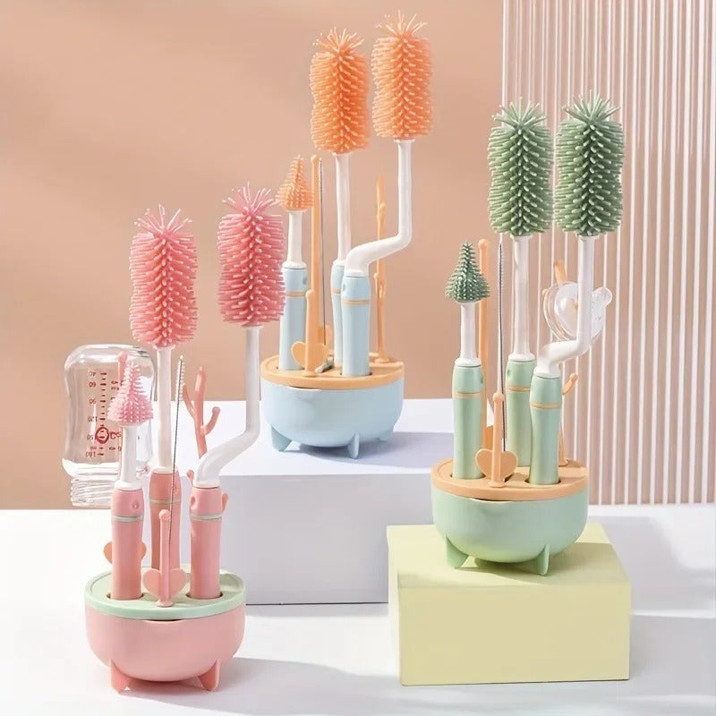 360-Degree Rotating Silicone Bottle Brush Set with Long Handle & Drying Rack