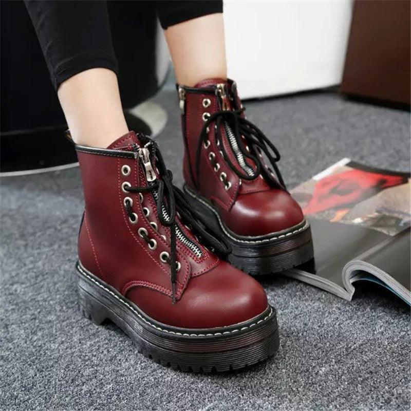 Round Toe Front Lace Up Womens Boots Mid Tube Martin Boots