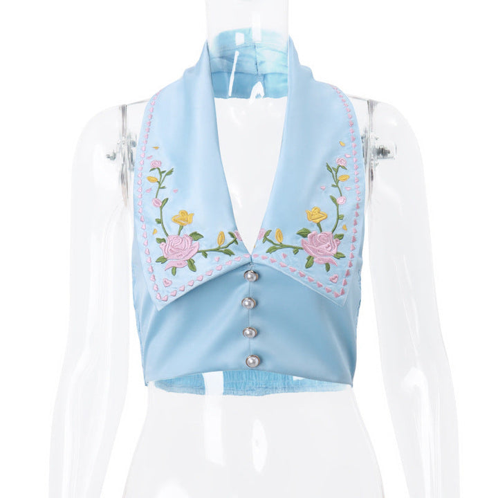 Sexy Hot Girl Lapel Breasted Flower Embroidered Printed Halterneck Vest Female