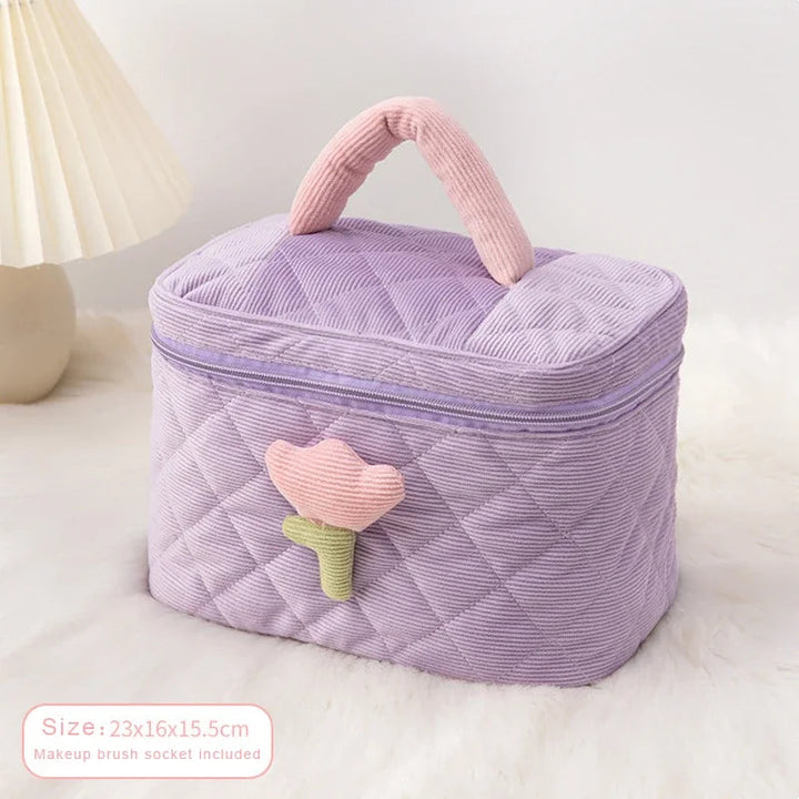 Fashion Women's Tulip Flowers Corduroy Cosmetic Bag