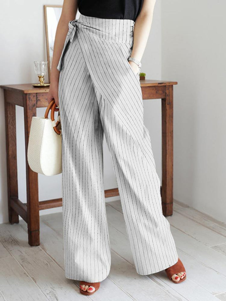 Women Stripe Print Asymmetrical Bandage Design Casual Wide Leg Pants