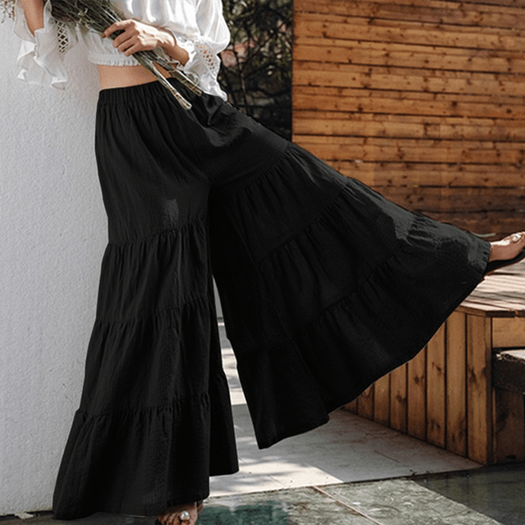 Casual Solid Elastic High Waist Pleated Stitching Wide Leg Pants for Women - MRSLM