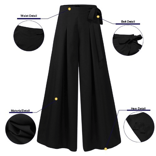 Women Solid Color Tie Waist Casual Swing Pants with Pocket