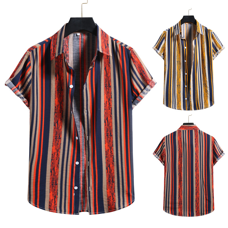 Mens 100% Cotton Vertical Striped Casual Short Sleeve Shirts