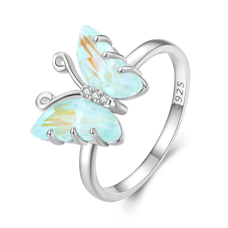 Original Design S925 Sterling Silver Iridescent Butterfly Crystal Ring Female