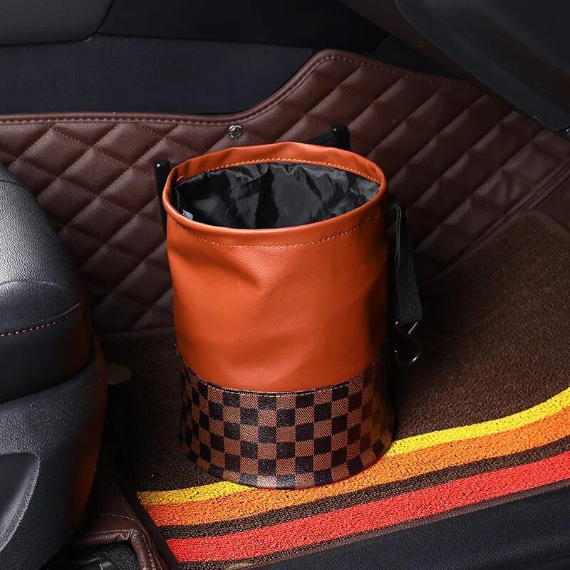 Luxurious Leather Car Trash Can: Foldable & Hanging Design