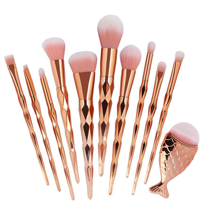 11PCS Mermaid Makeup Brushes Set Fishtail Shaped Foundation Powder Cosmetics Brushes Make Up Tools