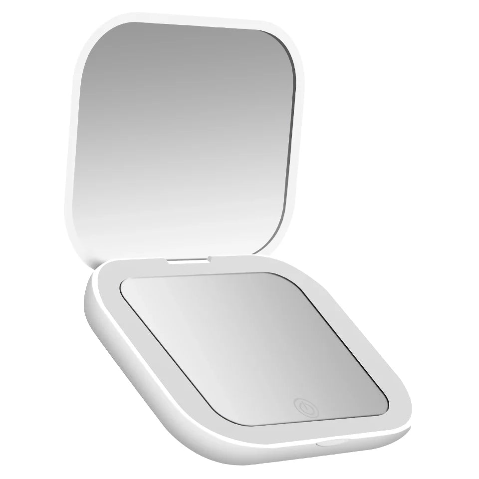 Compact LED Lighted Folding Makeup Mirror with 2X Magnification