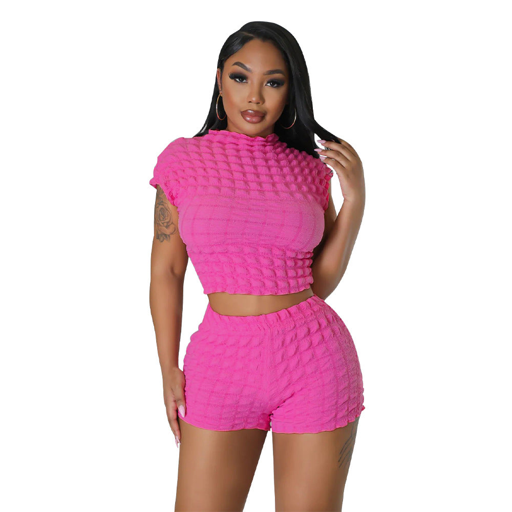 Women's Clothing Hot Sleeveless Midriff-baring Shorts Popcorn Bubble Two-piece Set