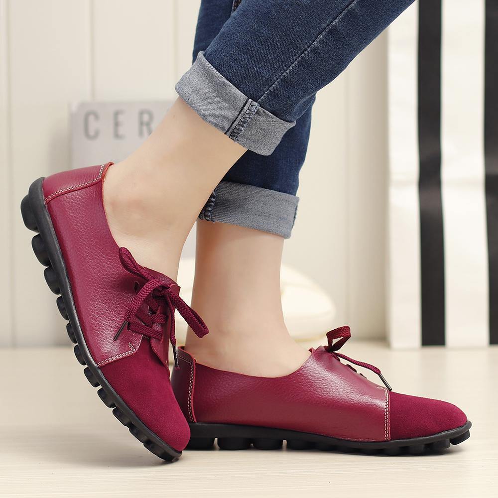 Plus size Women Lace Up Leather Flats Soft Casual Shoes