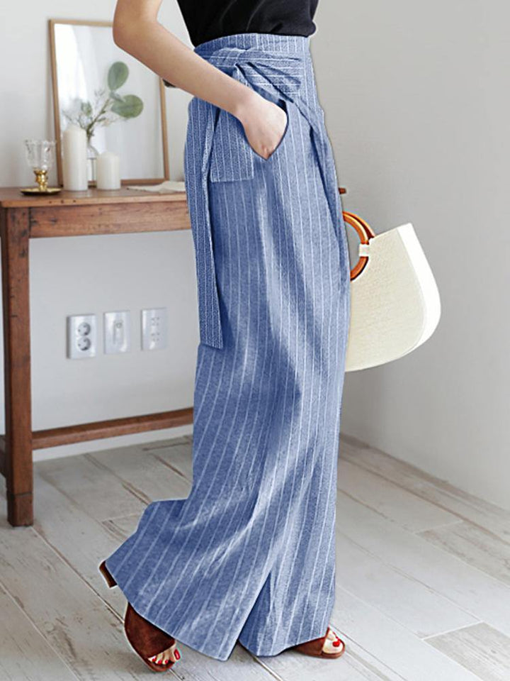 Women Stripe Print Asymmetrical Bandage Design Casual Wide Leg Pants