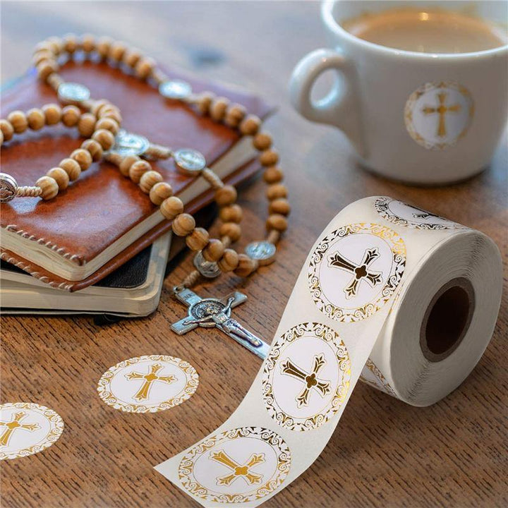 500Pcs Christian Cross Sticker Roll Round Baptism Of Christ Handmade Seal Label