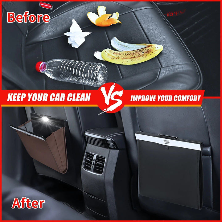 Waterproof Magnetic Car Trash Bag with LED & Leather Storage