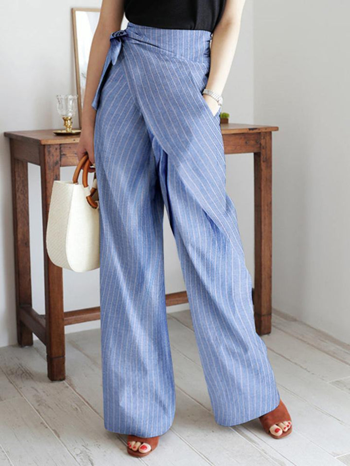 Women Stripe Print Asymmetrical Bandage Design Casual Wide Leg Pants