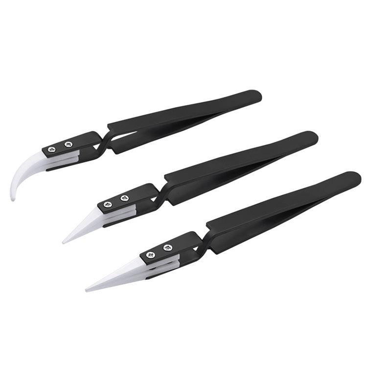 3PCS Anti-Static Reverse Ceramic Tweezers Stainless Steel Electronic CIigarette Heat Resistant Conductive Curved Straight Tweezers