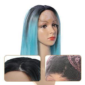 14" Lace Front Wig Synthetic Hair Bue Black Roots Full Wigs