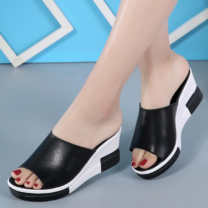 2021 summer new leather slippers slope with thick bottom platform sandals sandals female female beach shoes word