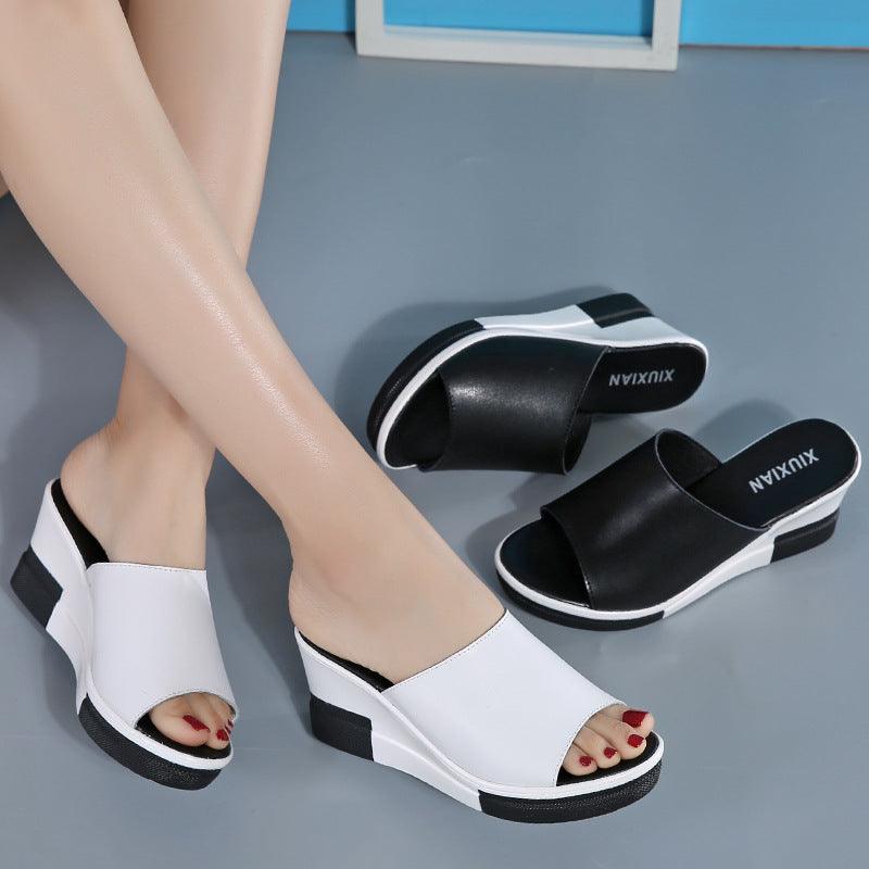 2021 summer new leather slippers slope with thick bottom platform sandals sandals female female beach shoes word