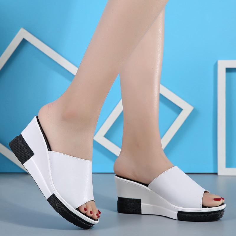 2021 summer new leather slippers slope with thick bottom platform sandals sandals female female beach shoes word