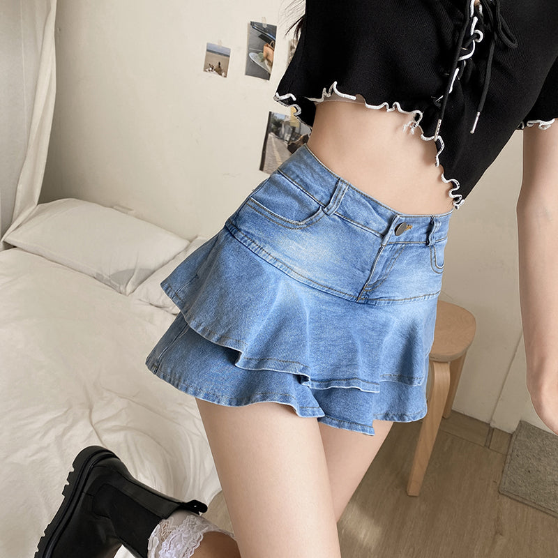 Trendy Layered Denim Mini Skirt with Pocket