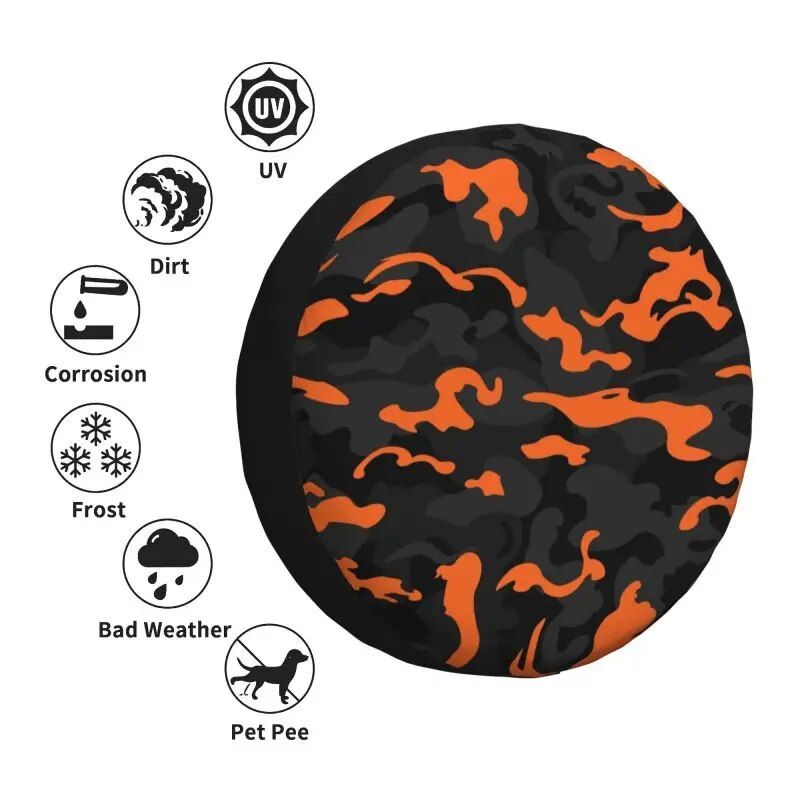 Rugged Camo Spare Tire Cover ‚Äì Black Orange Camouflage Wheel Protector for Off-Road and Outdoor Vehicles