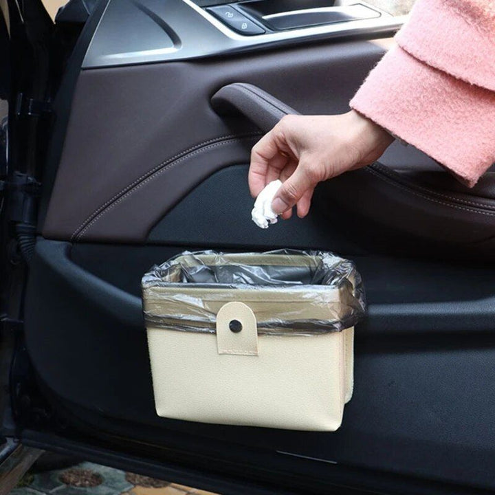 Luxury Leather Car Trash Bag with Organizer