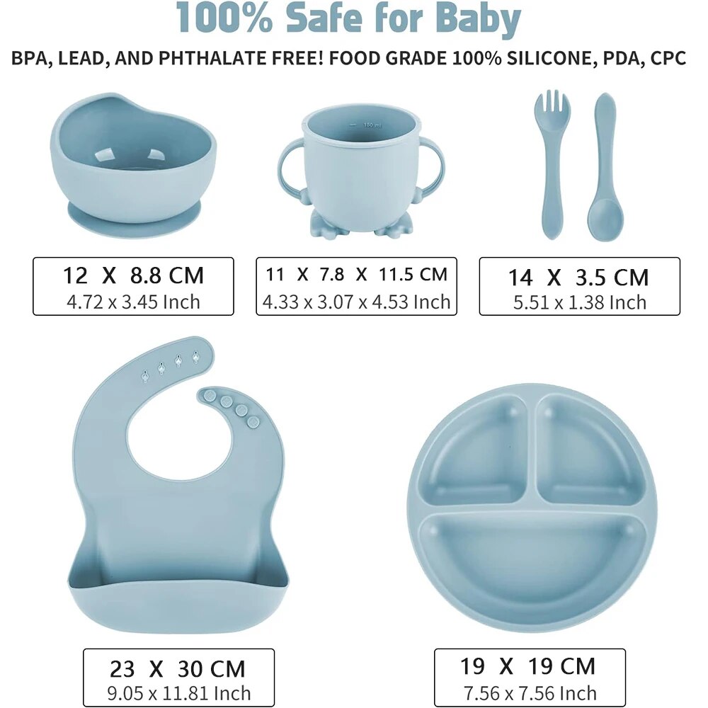 Baby Silicone Feeding Set 6PCS - Suction Bowl, Bib, Cup, Fork, Spoon & Plate - BPA Free