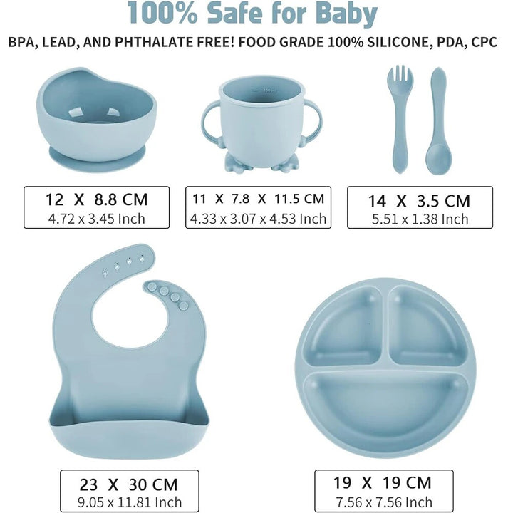 Baby Silicone Feeding Set 6PCS - Suction Bowl, Bib, Cup, Fork, Spoon & Plate - BPA Free