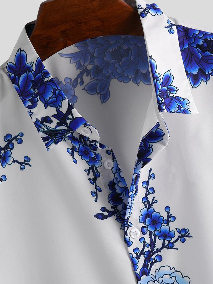 Mens Chinese Style Porcelain Floral Printed Short Sleeve Turn Down Collar Casual Shirts