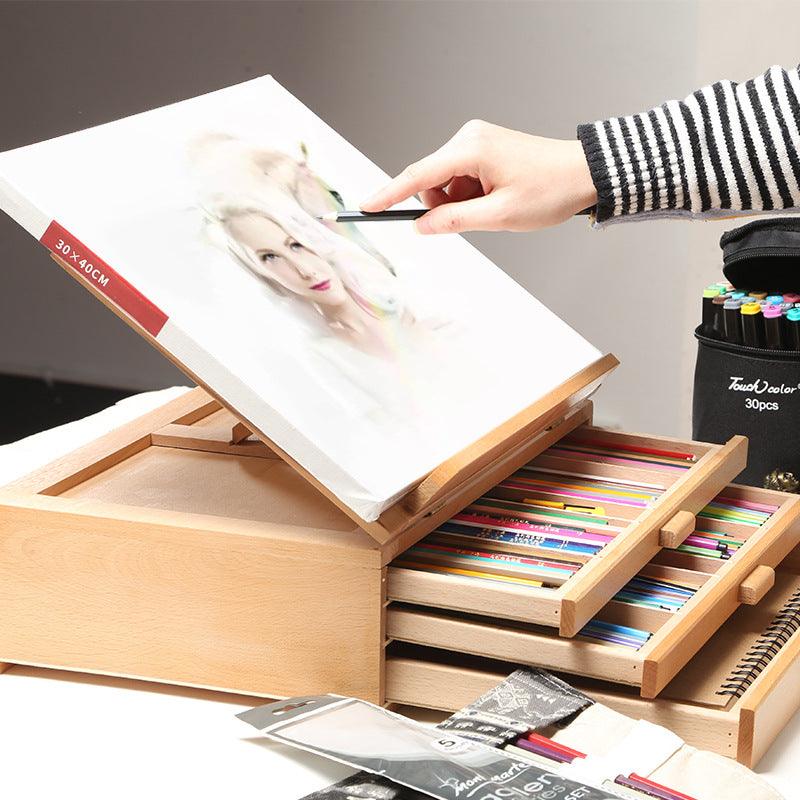 3-layer Artist Wooden Easel Tabletop Portable Painting Box Easel with Storage Drawer