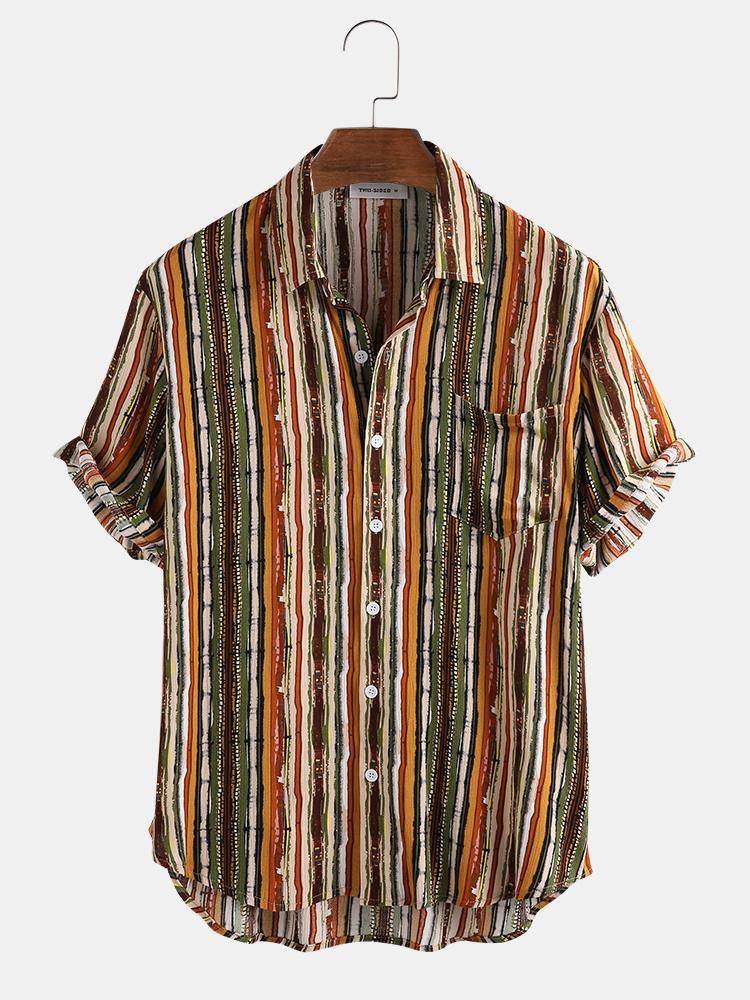 Mens Cotton Colorful Striped Pocket Short Sleeve Shirts